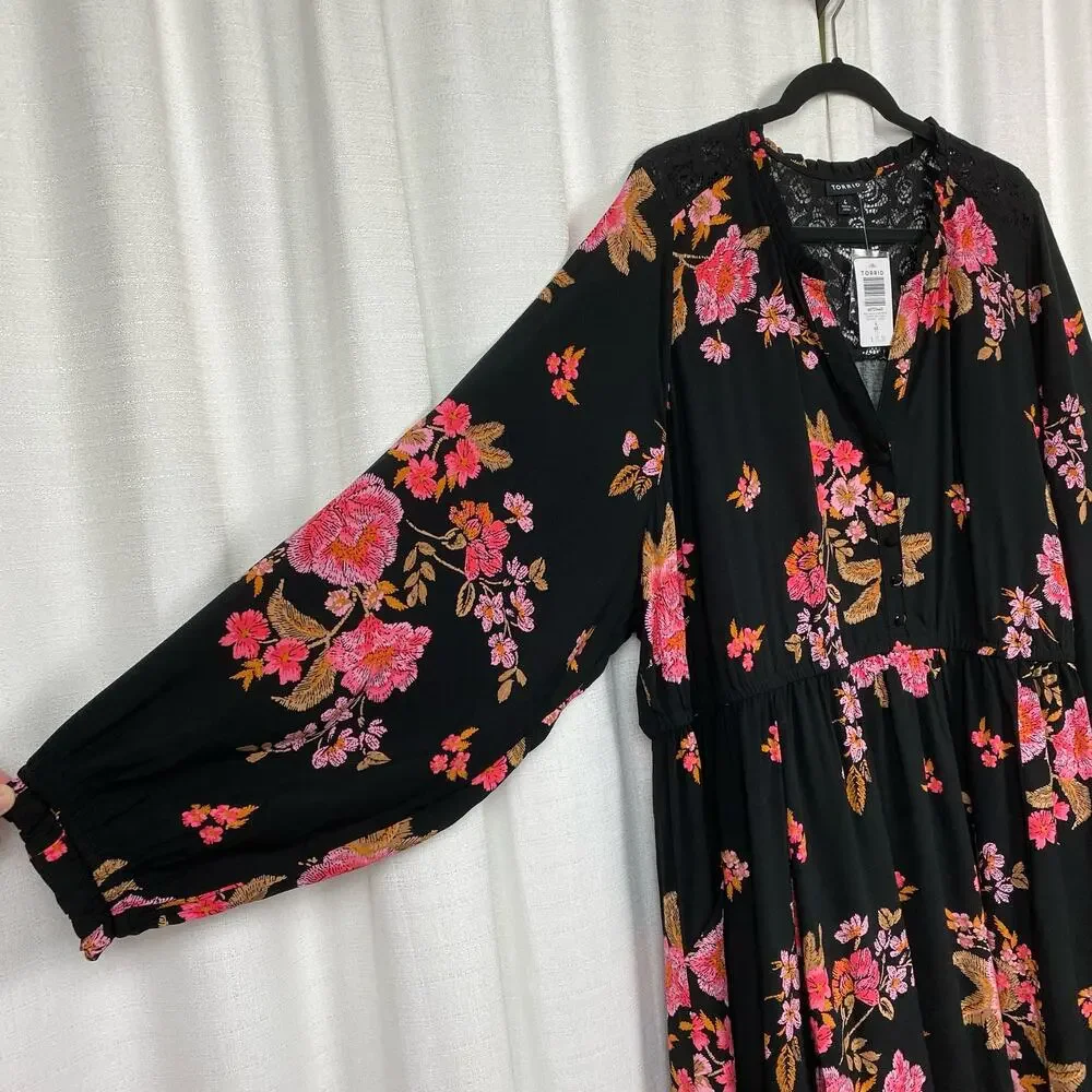 Torrid Black&Pink Floral Challis Mini Shirt Dress Sz.4 NWT - Picture 8 of 16